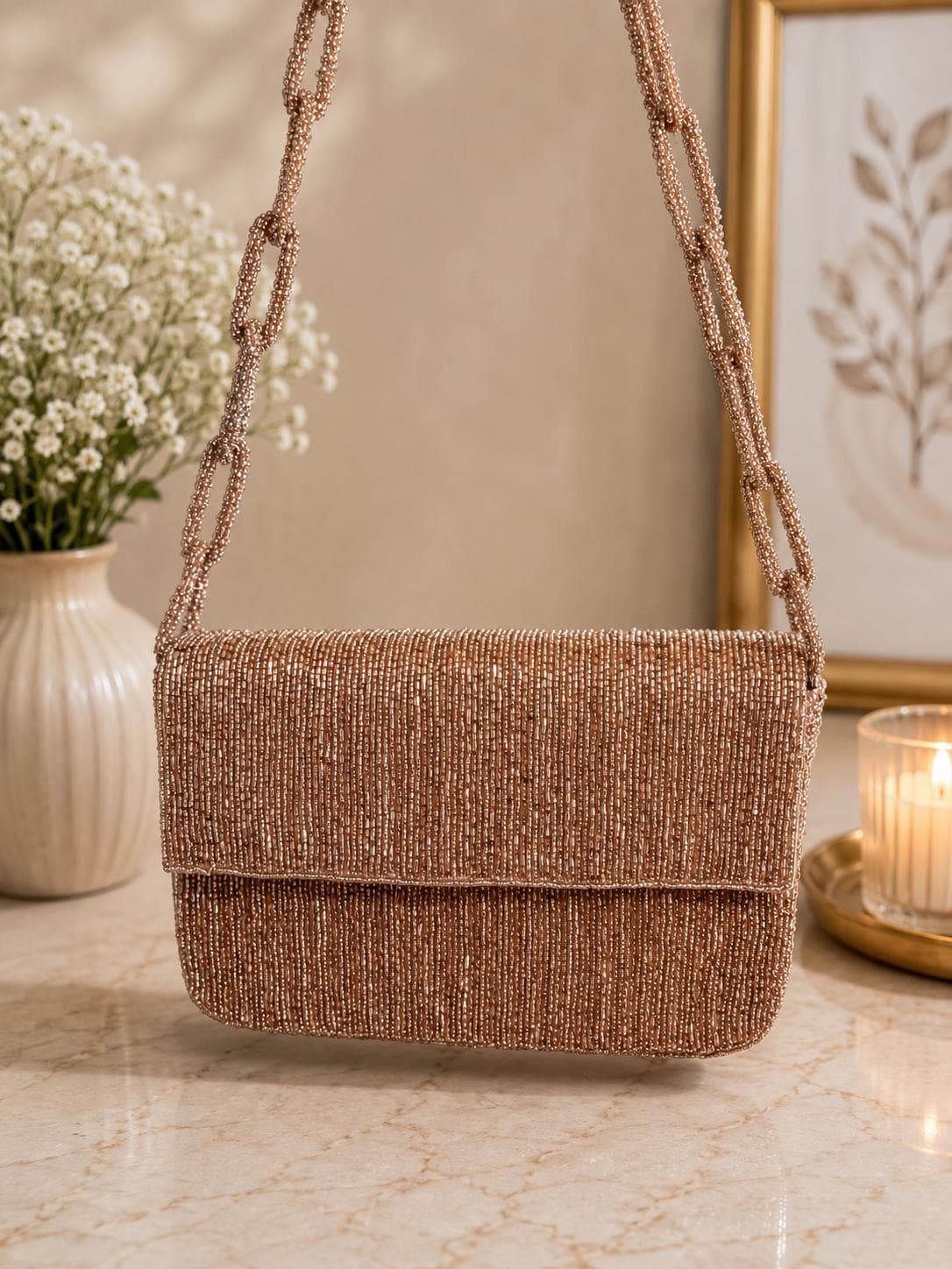 Rose Gold Beaded Evening Bag | Handmade Shoulder Purse | Sparkly Cocktail Handbag | Bridal Party Clutch | Wedding & Formal Occasion Bag