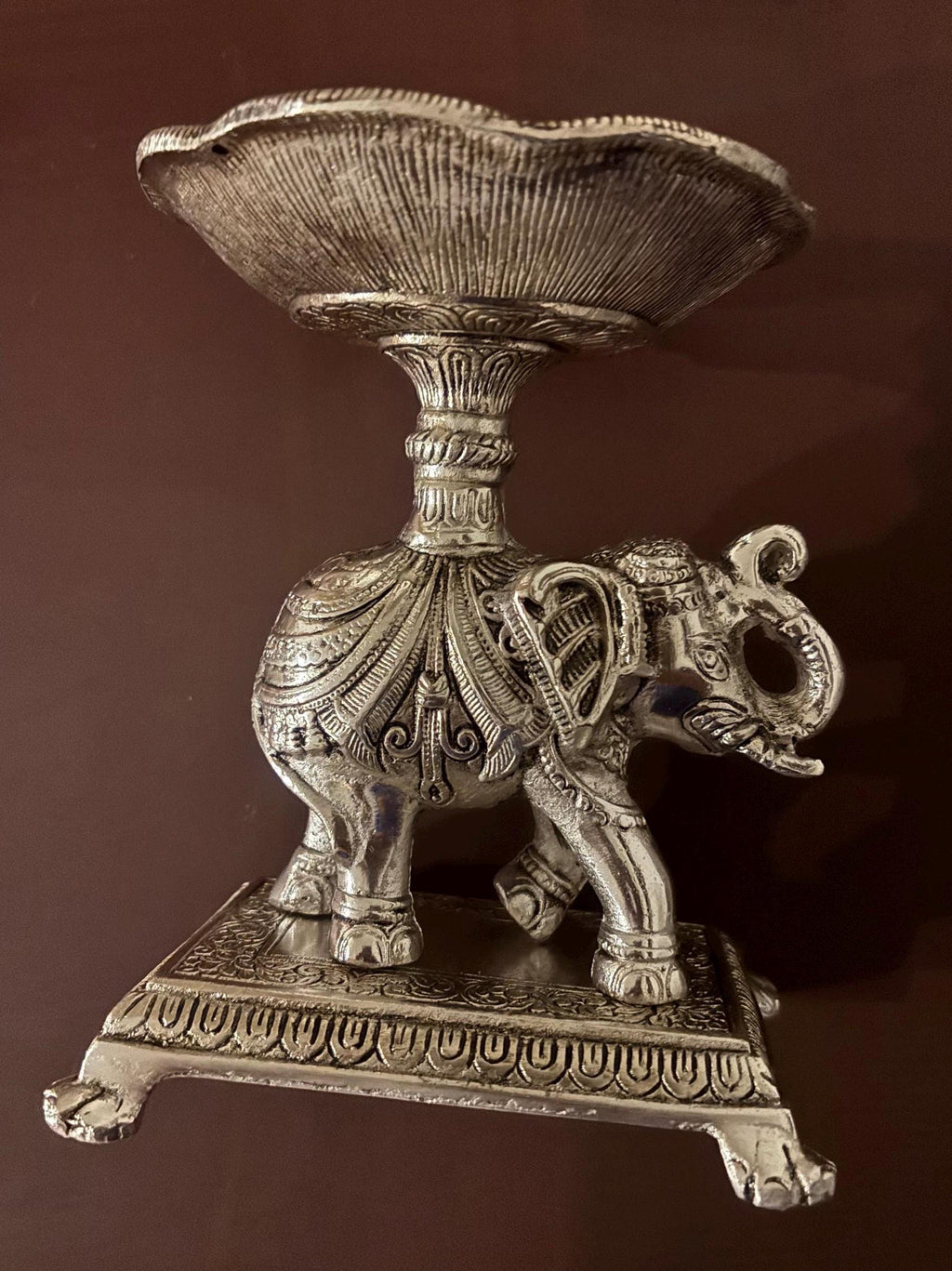 German Silver Elephant Urli leaf Bowl | Handcrafted Embossed Indian Home Decor