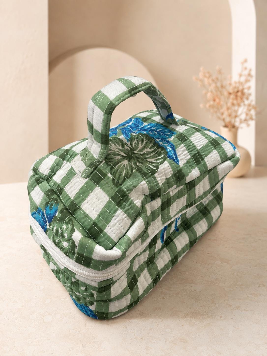 Quilted Cotton Vanity Bag | Makeup Organizer with Handle| Travel Toiletry Case, Cosmetic Storage Bag | Handmade Gift for Women
