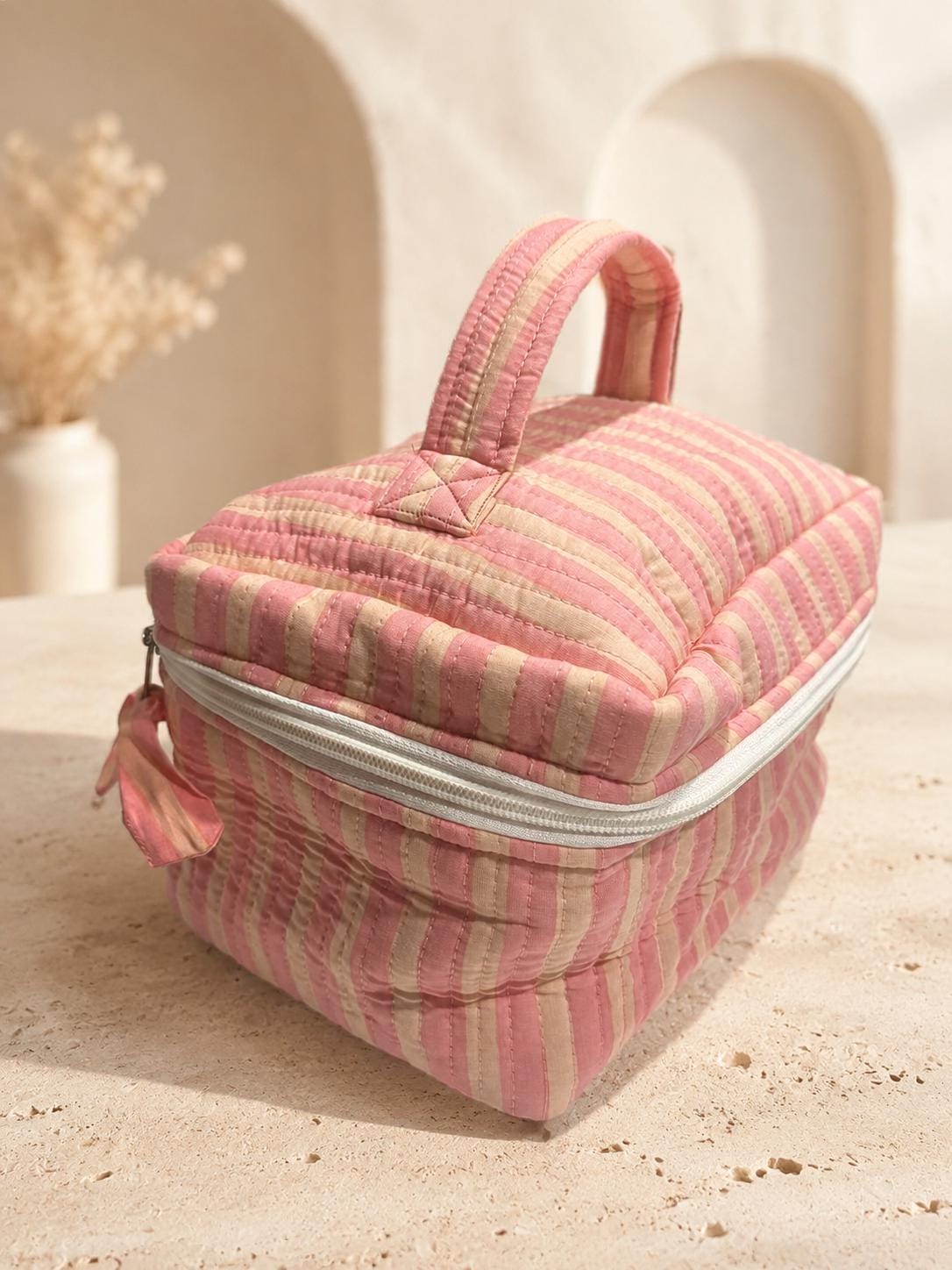 Quilted Cotton Vanity Bag | Makeup Organizer with Handle| Travel Toiletry Case, Cosmetic Storage Bag | Handmade Gift for Women