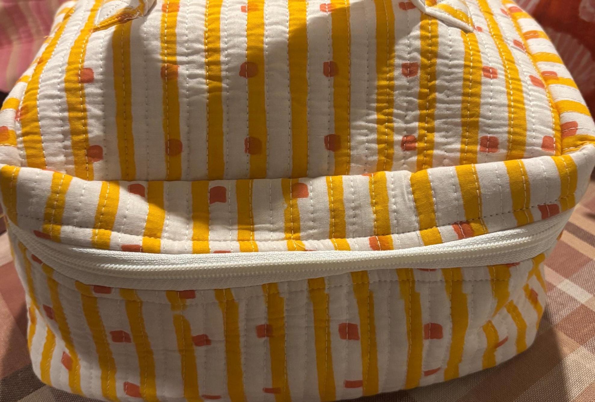 Quilted Cotton Vanity Bag | Makeup Organizer with Handle| Travel Toiletry Case, Cosmetic Storage Bag | Handmade Gift for Women