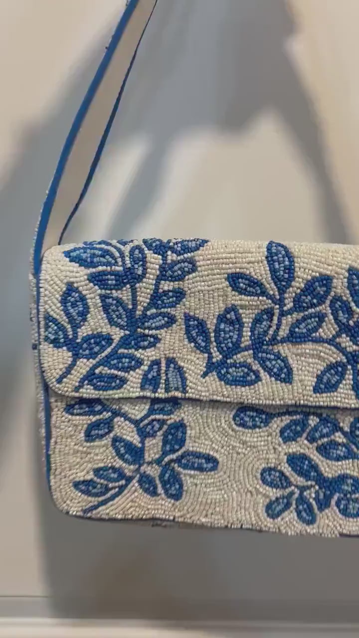 Blue Ivory Beaded Shoulder Bag, Botanical Leaf Design, Handmade Statement Purse