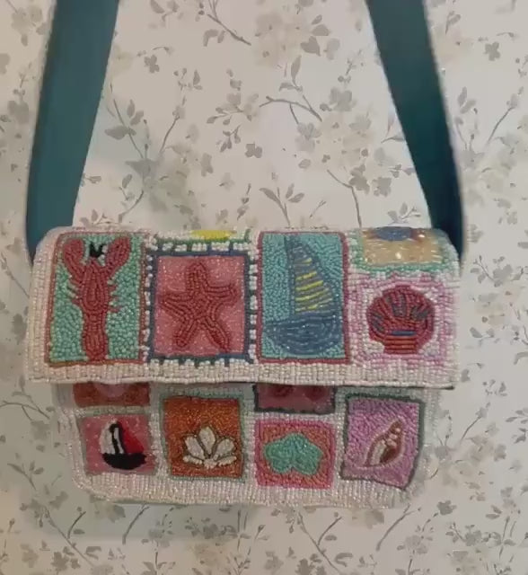 Handmade Beaded Shoulder Bag | Coastal Nautical Lobster Sailboat Seashell Motifs