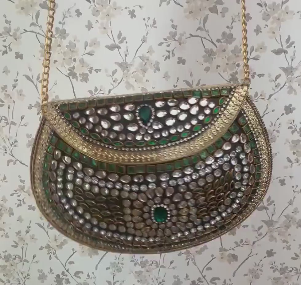 Vintage Kundan Handbag | Gold Green Embossed Metal Clutch for Indian Weddings