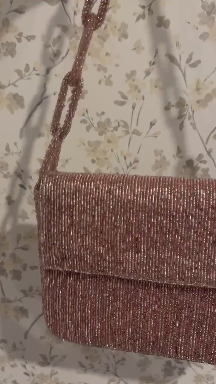 Rose Gold Beaded Evening Bag | Handmade Shoulder Purse | Sparkly Cocktail Handbag | Bridal Party Clutch | Wedding & Formal Occasion Bag