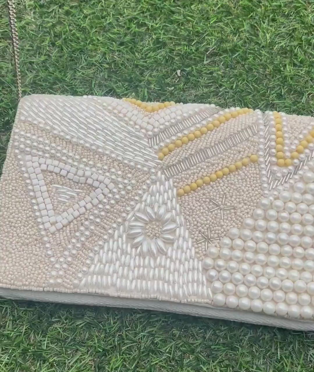 Handcrafted Beaded Clutch | Neutral Evening Purse | Custom Mosaic Beaded | Wedding & Party Handbag