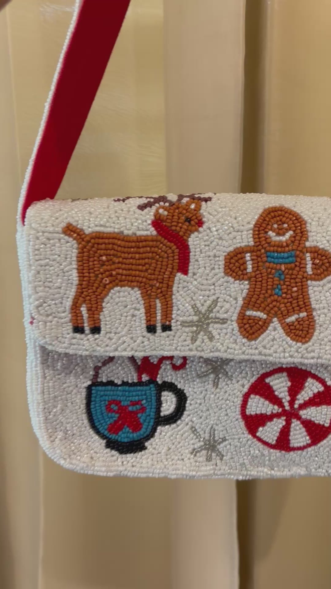 Christmas Beaded Shoulder Bag, Holiday Gingerbread Purse, Snowman Reindeer Handbag, Candy Cane Beaded Bag, Festive Gift for Her
