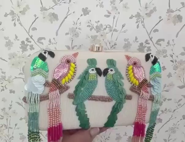 Beaded Bird Clutch Bag | Embroidered Evening Purse, Nature Inspired Ivory Fabric