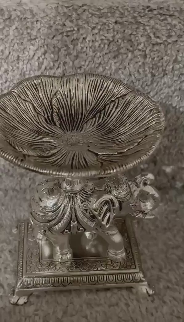German Silver Elephant Urli leaf Bowl | Handcrafted Embossed Indian Home Decor