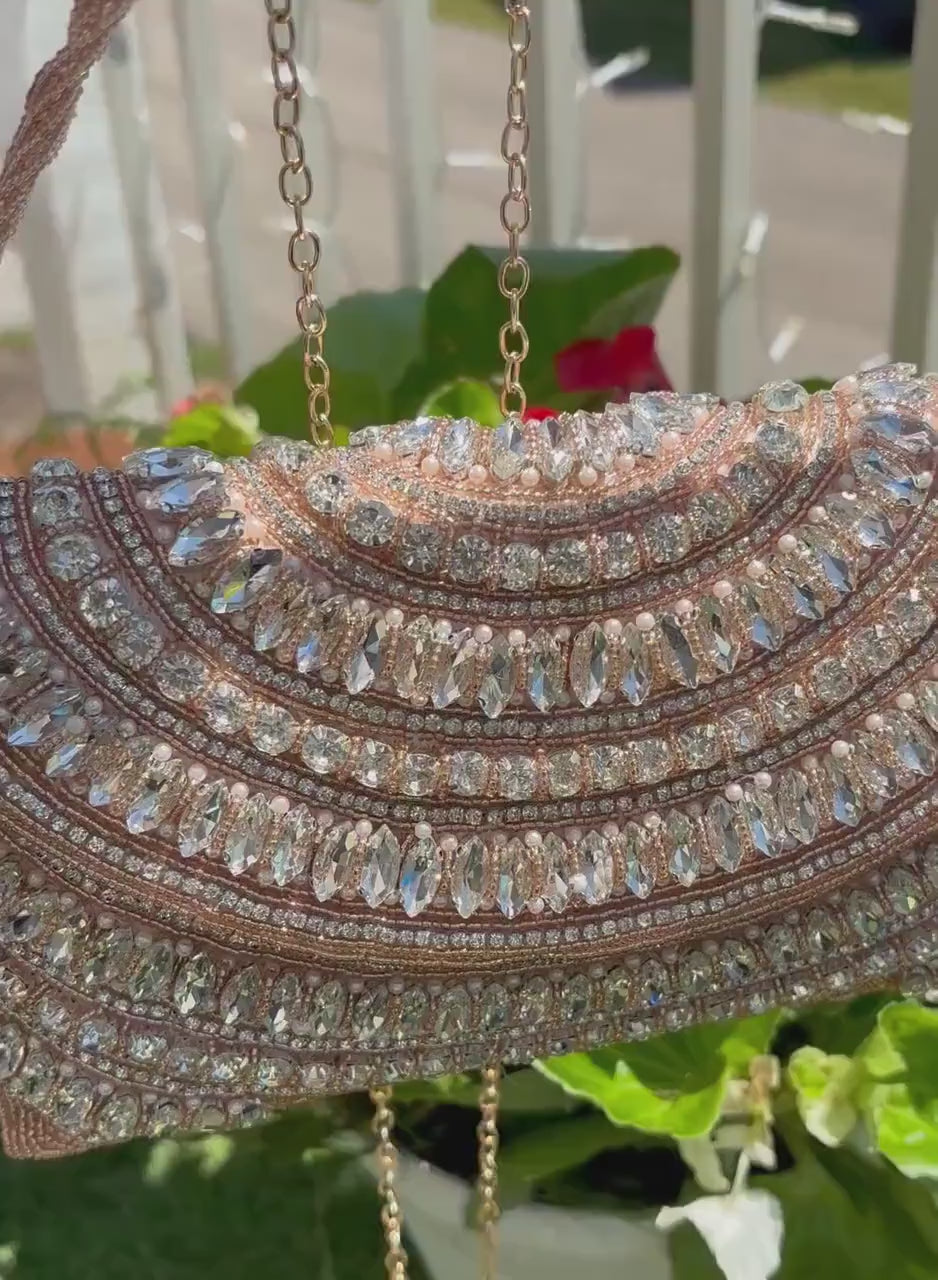 Champagne Gold Crystal Clutch | Rhinestone Embellished Evening Bag | Bridal Purse