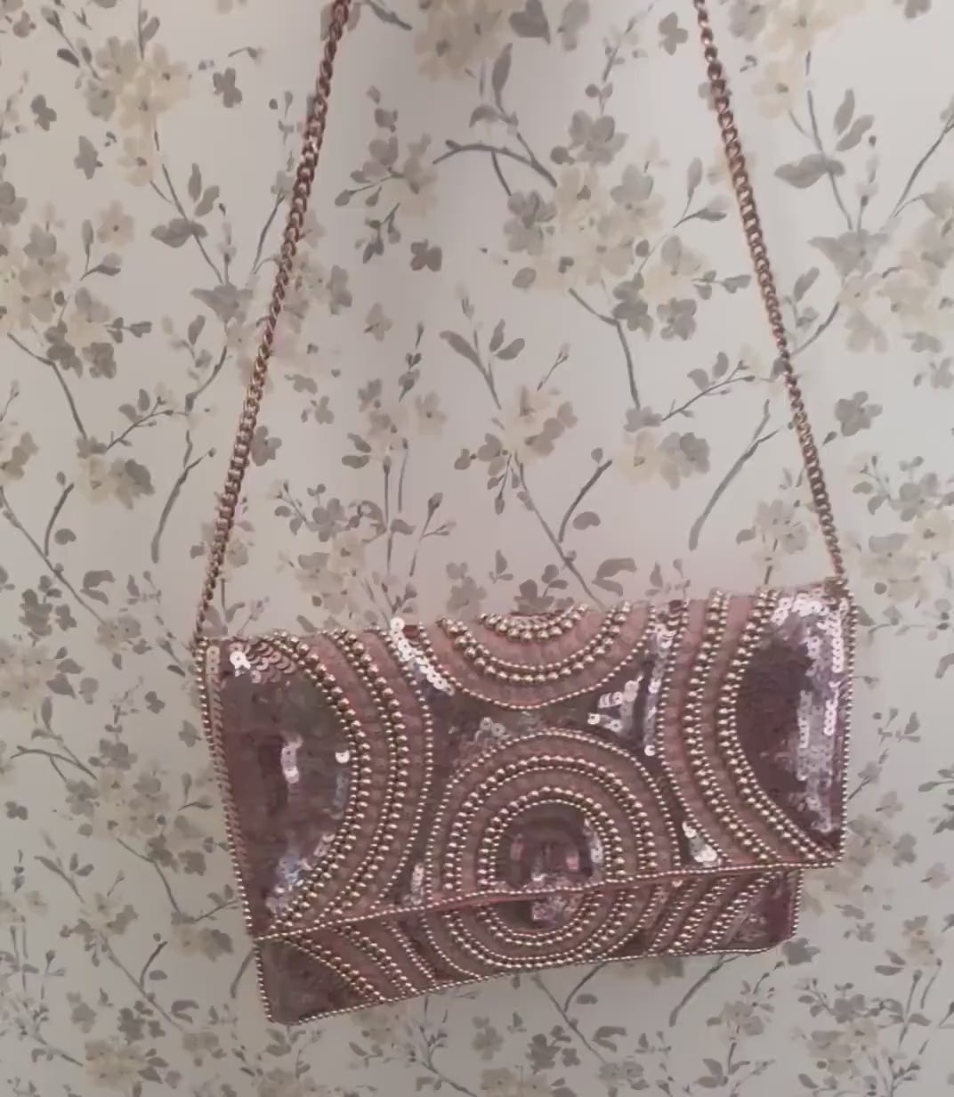 Rose Gold Beaded Clutch | Sequin Evening Bag, Art Deco Geometric Purse