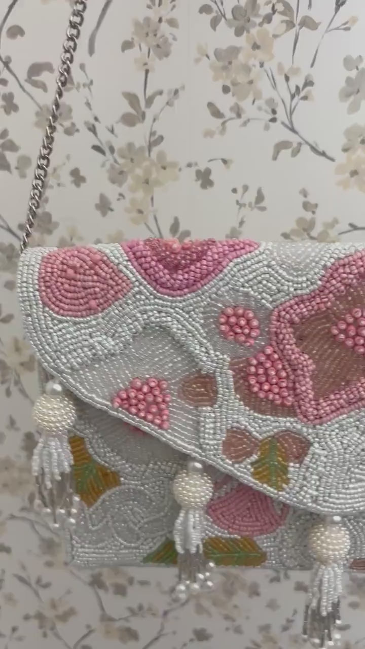 Beaded Floral Envelope Clutch | Pearl Tassel Evening Purse, Wedding Bag