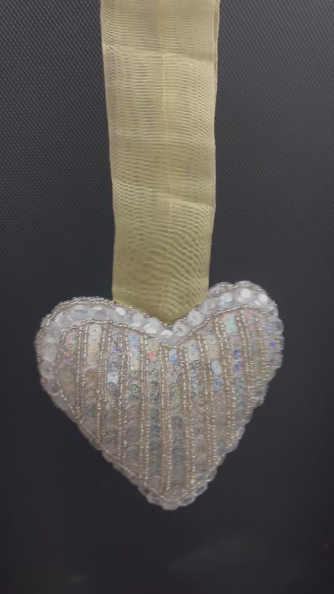Silver Beaded Heart Ornament, Sparkly Sequin Heart Hanging Decoration