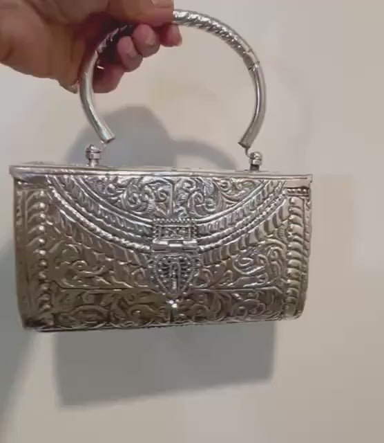 German Silver Embossed Clutch, Indian Ethnic Handbag with Metal Handle