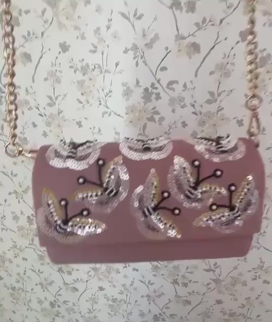Pink Velvet Sequin Sling Bag | Beaded Evening Clutch, Gold Chain Purse