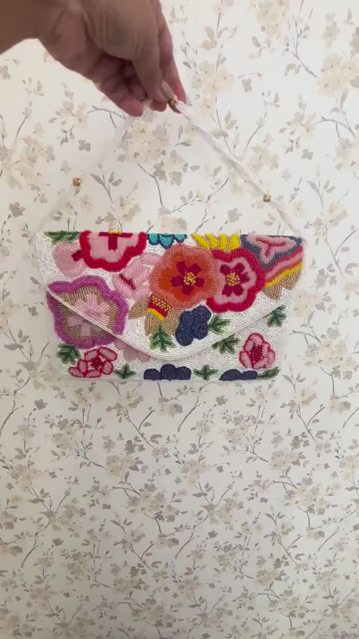 Handmade Floral Beaded Clutch Purse | Bridal Wedding Party Handbag