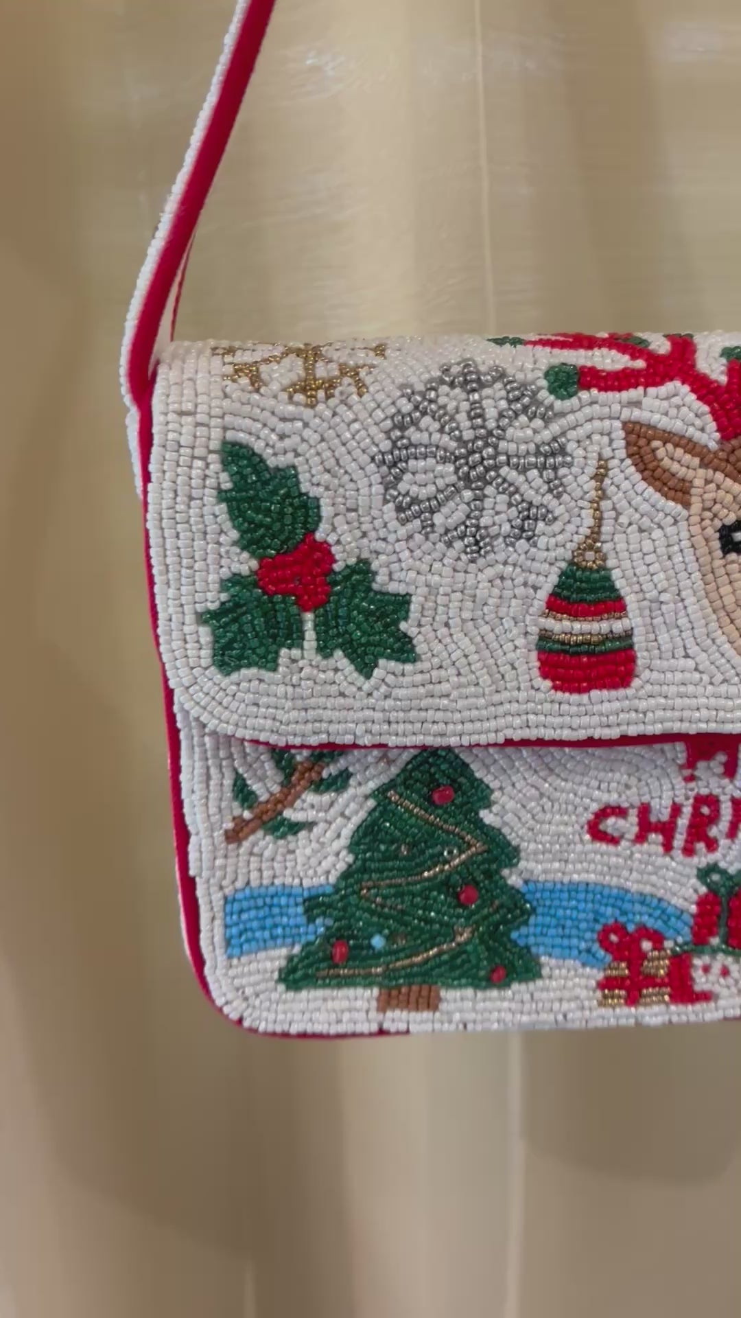 Christmas Beaded Shoulder Bag, Merry Christmas Reindeer Purse, Holiday Beaded Crossbody Bag, Christmas Gift for Her