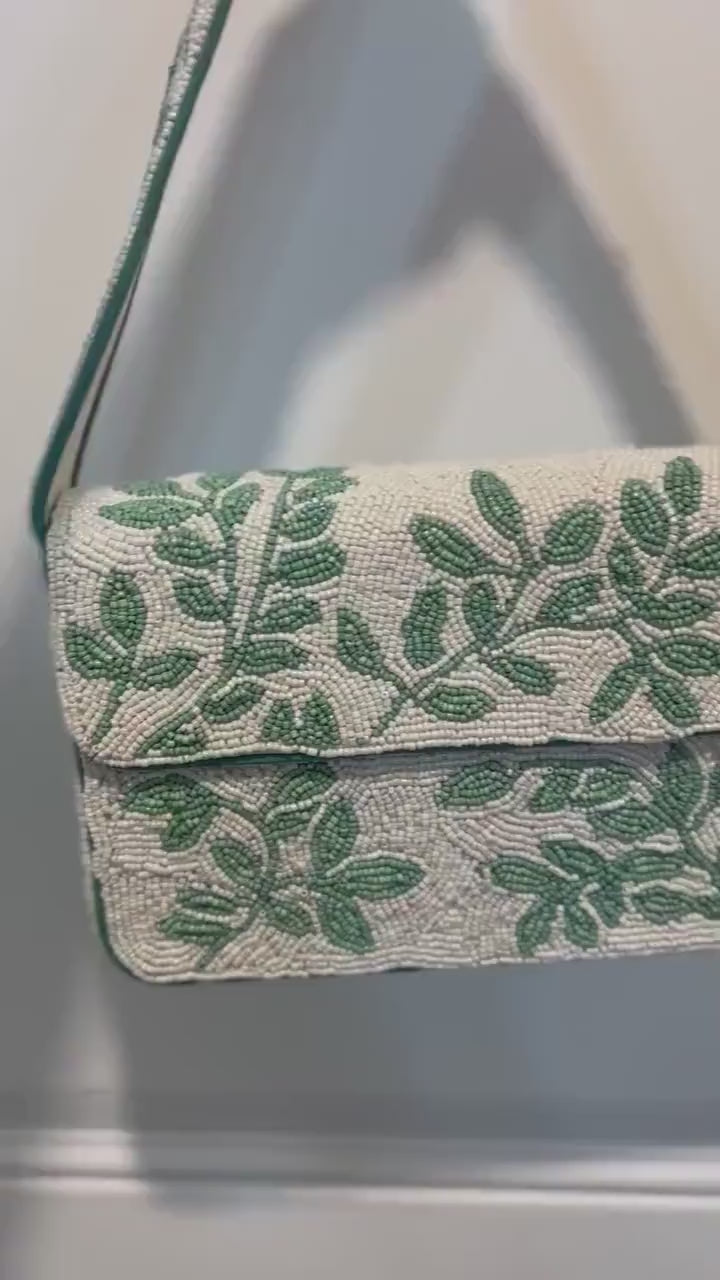 Mint Green Beaded Shoulder Bag, Botanical Leaf Design, Handmade Statement Purse
