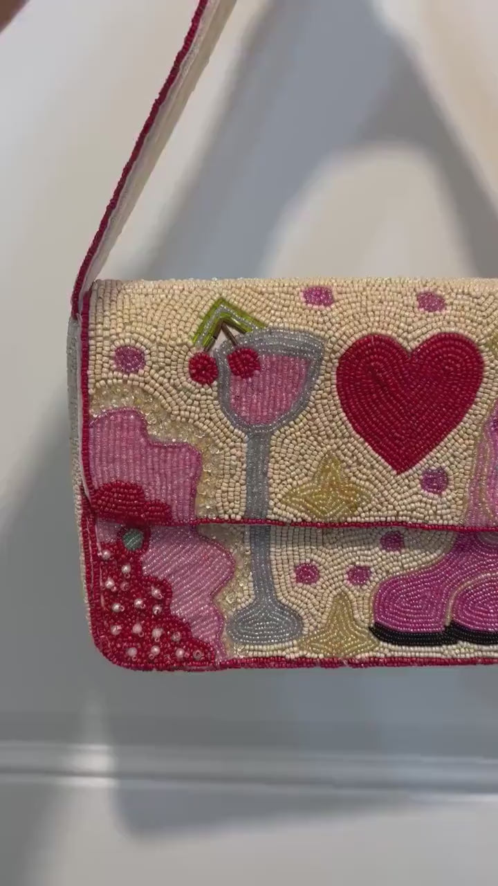 Beaded Shoulder Bag | Cocktail, Cowboy Boots, Heart Design | Glass Seed Beads Purse
