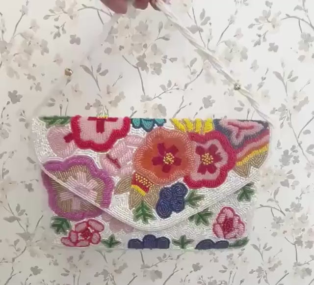 Handmade Floral Beaded Clutch Purse | Bridal Wedding Party Handbag