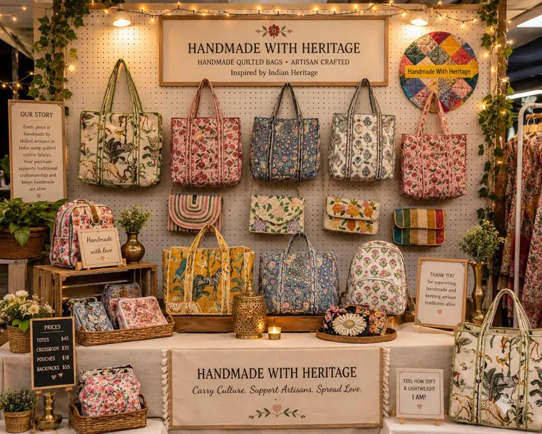 Handmade with Heritage artisan market display featuring quilted bags and handcrafted accessories