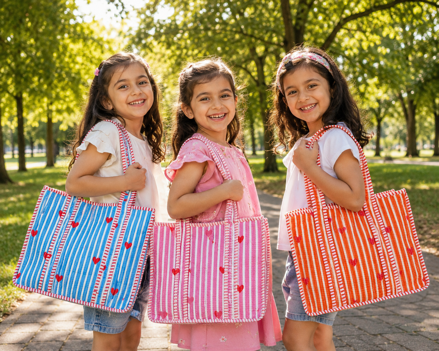 Model carrying a colorful patchwork tote
